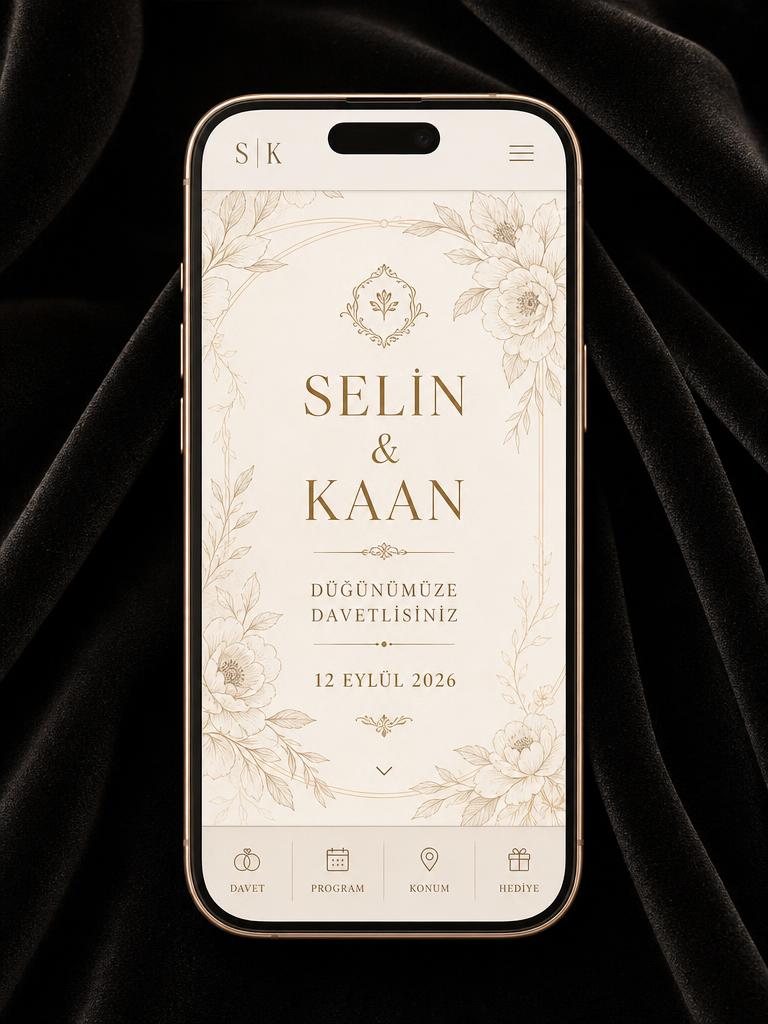Klasik Zarafet dijital düğün davetiyesi teması